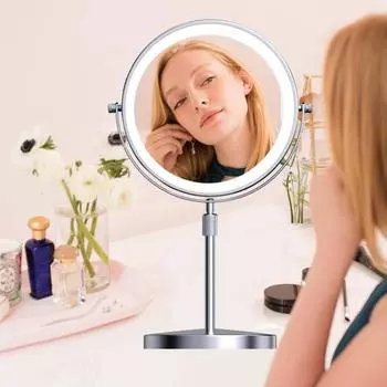 Зеркало для макияжа с подсветкой 3/5/10X, регулируемая высота и яркость, перезаряжаемое двухстороннее увеличительное зеркало A