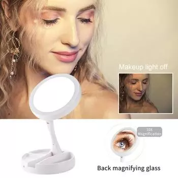 Зеркало для макияжа с подсветкой, вращающееся на 360 градусов косметическое зеркало, зеркало с аккумулятором/питанием от USB, складное с отделениями для хранения