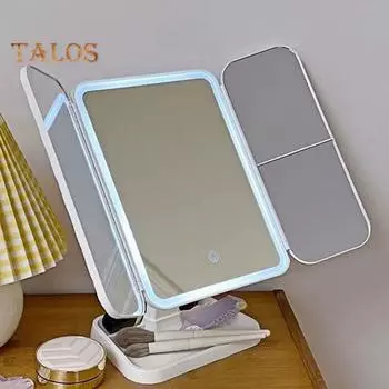 Зеркало для макияжа со светодиодной подсветкой, 1/2/3-кратное увеличение, 3 цвета, регулируемое, складное 2-в-1, умное косметическое зеркало, портативное, для путешествий, тройное, складывающееся, для туалетного столика белый