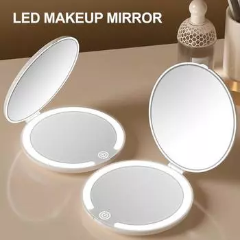 Зеркало для макияжа со светодиодной подсветкой, 3 цвета освещения, регулируемое откидное зеркало с возможностью зарядки через USB, портативное хаки