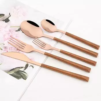 Зеркало из розового дерева с ручкой, набор столовой посуды в западном стиле, посуда из нержавеющей стали, нож для стейка, вилка, десертная ложка, столовые приборы, кухонные столовые приборы чёрный