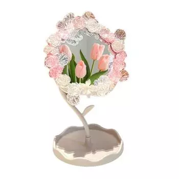 Зеркало настольное цветочное ручной работы DIY с подносом для хранения, вращающееся настольное зеркало для макияжа, многоцелевое зеркало для макияжного столика, органайзер для украшений F