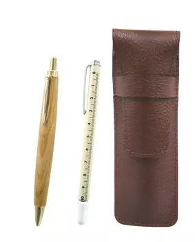 Зернистый чехол для ручек из коровьей кожи шоколадного цвета с выдвижной измерительной линейкой и набором ретро шариковой ручки из клена (SASTYO-708W-HS47S)