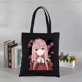 ZERO TWO аниме черные женские сумки холст Darling in the Franxx Tote сумки для покупок многоразовая сумка для покупок эко складная 24*26cm
