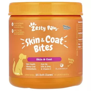 Zesty Paws, лакомства для кожи и шерсти, для собак, для всех возрастов, курица, 90 мягких жевательных таблеток, 11,1 унции (315 г)