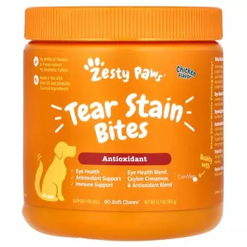 Zesty Paws, лакомства Tear Stain Bites для собак всех возрастов, курица, 90 мягких жевательных таблеток, 12,7 унций (360 г)