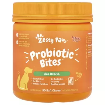 Zesty Paws, Probiotic Bites™, для собак, для всех возрастов, со вкусом тыквы, 90 мягких жевательных таблеток, 11,1 унции (315 г)