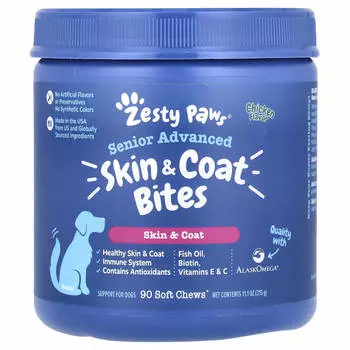 Zesty Paws, Senior Advanced, лакомства для кожи и шерсти, для собак, курица, 90 мягких жевательных таблеток, 11,1 унции (315 г)
