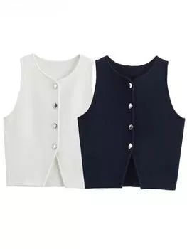 Zevity Женская мода без рукавов с пуговицами и разрезом по низу трикотажная короткая блузка женские базовые узкие рубашки Blusas Chic укороченные топы S чёрный