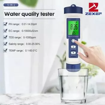 ZEXEF 5 in 1 Digital PH TDS EC Meter Salinity Temperature Tester Conductivity Filter Purity Pen with Backlight Test Analyzer