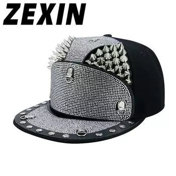 ZEXIN Европа и США Панк-стиль Diamond Armor Tip Willow Nail Плоская кепка в стиле хип-хоп Уличная уличная бейсболка с плоскими полями для уличных танцев 56-60CM