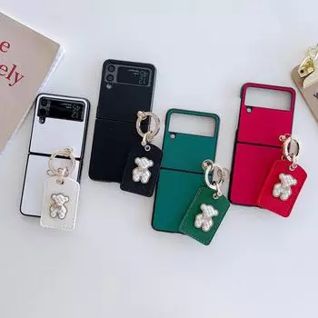 ZFlip4 ZFlip3 Брелок Матовый Жесткий Чехол Для ПК Для Samsung Galaxy Z Flip 3 Z Flip 4 Flip ZFlip 4 3 Flip4 Flip3 Чехол Милый Медведь Funda Coque Полная Защита Samsung Z Flip 3 чёрный