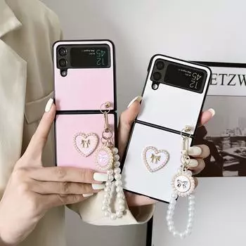ZFlip4 ZFlip3 Love Heart с жемчужным ремешком, матовый жесткий чехол для ПК для Samsung Galaxy Z Flip 3 Z Flip 4 ZFlip 4 3 Flip4 Flip3, чехол Funda Coque, полная защита Samsung Z Flip 3 чёрный