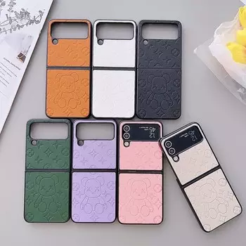 ZFlip4 Жесткий чехол для ПК с милым медведем и тиснением для Samsung Z Flip 3 Z Flip 4 Funda, чехол для телефона из искусственной кожи, Z Flip4 Z Flip3 ZFlip3, полная защита Samsung Z Flip 3