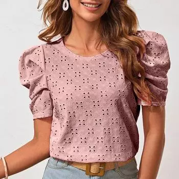 Жаккардовая летняя блузка с круглым вырезом и вырезом, элегантная плиссированная пышная футболка с коротким рукавом, женские топы, милые повседневные рубашки Mujer 25345 S орион
