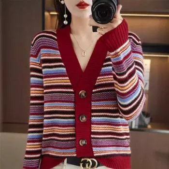 Жаккардовая мягкая куртка, новая осенняя модная кофта с V-образным вырезом, трикотажный кардиган, женская короткая свободная верхняя одежда, вощеная M