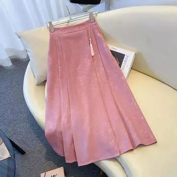 Жаккардовая розовая юбка в национальном стиле, женская новая длинная юбка с изображением лица лошади в китайском стиле, весна 2024, новый темперамент, универсальная юбка S