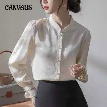 Жаккардовая рубашка с воротником-стойкой для женщин, весенне-осенний нишевый винтажный французский многослойный топ S бежевый/миндальный