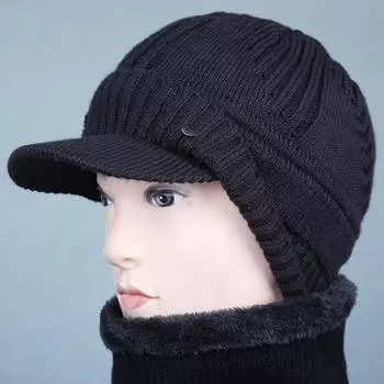 «Жаккардовая шапка из плотной шерсти и хлопка для мужчин — теплая зимняя шапка для пожилых людей» One Size чёрный