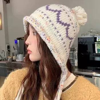 Жаккардовая шерстяная шапка с косами, женская осенне-зимняя термошапка 2024 года, новая универсальная вязаная защитная шапка Lei Feng M56-58cm