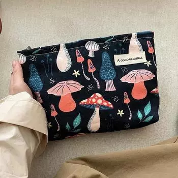 Жаккардовая женская косметичка с красными грибами, большая вместительная парусиновая сумка на молнии, косметическая сумка для хранения, портативная дорожная косметичка