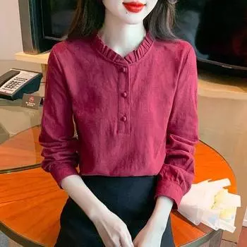 Жаккардовая женская рубашка из чистого хлопка с воротником-лотосом, универсальная весенняя базовая рубашка с длинными рукавами M белый