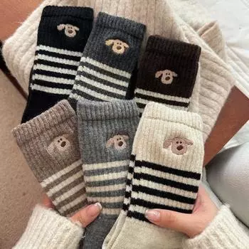 Жаккардовые полосатые женские носки средней длины осенне-зимние толстые теплые ретро-носки с рисунком щенка Майяра one size чёрный