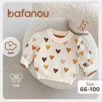 Жаккардовые свитера с сердечками для маленьких девочек, вязаный свитер с круглым вырезом для новорожденных, мягкая осенняя одежда для малышей и мальчиков, топ с длинными рукавами, одежда bafanou 83468 66cm(3-6M) бежевый