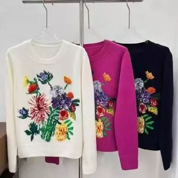 Жаккардовые женские свитера с цветочной вышивкой, весна 2025, стильные, элегантные, свободные, трикотажные, с длинным рукавом, с круглым вырезом, женские джемперы One Size чёрный