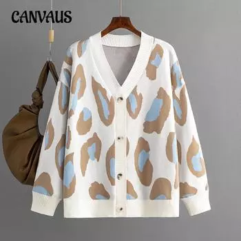 Жаккардовый кардиган с леопардовым принтом, осенне-зимняя женская модная вязаная куртка, свободный свитер One Size темно-синий