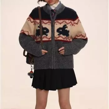 Жаккардовый кардиган с рисунком кролика, цветной, с круглым вырезом, на молнии, женский зимний свитер с рисунком кролика в стиле ретро, удобный, универсальный и модный XS красный