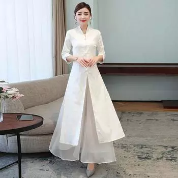 Жаккардовый костюм в китайском стиле с художественным костюмом для чая темперамента для женщин 2XL белый