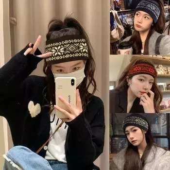 Жаккардовый ободок со снежинками и широким краем, модная вязаная повязка на голову для девочек белый