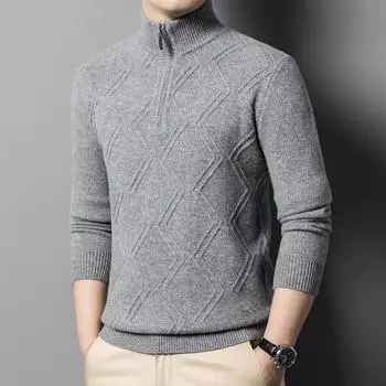 Жаккардовый однотонный универсальный шерстяной свитер с высоким воротником на молнии, новый осенне-зимний свитер из 100% шерсти, утолщенный свитер для молодых мужчин S