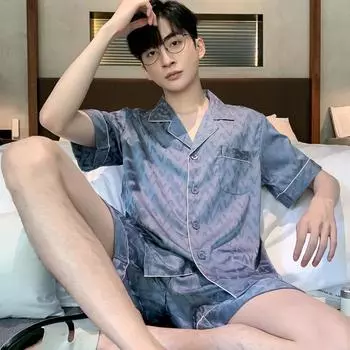 Жаккардовый пижамный костюм мужской летний ледяной шелковый комплект шорт для сна тонкий атласный домашний костюм мужской ночной костюм M