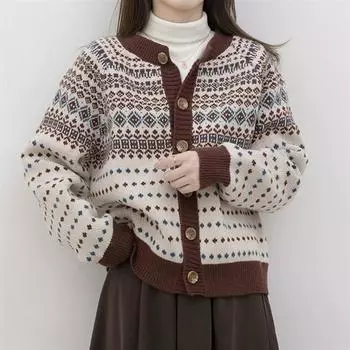 Жаккардовый ретро-дизайн, цветовое сочетание, свитер с круглым вырезом, женская куртка 2024 года, осень-зима, новый свободный вязаный свитер в гонконгском стиле One size белый