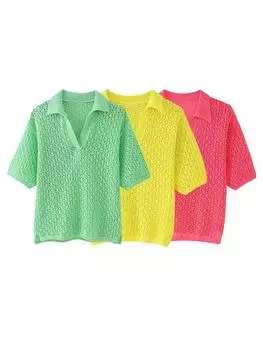 Жаккардовый сетчатый вязаный свитер, женские свитера с короткими рукавами, новинка 2024 года, пуловеры с воротником поло, уличная трикотажная одежда, топ S светло-зеленый