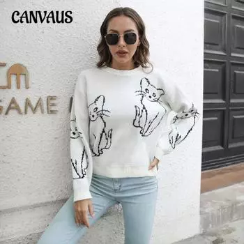 Жаккардовый свитер Cat, женский свободный трикотаж с длинным рукавом на осень и зиму S армия зеленый