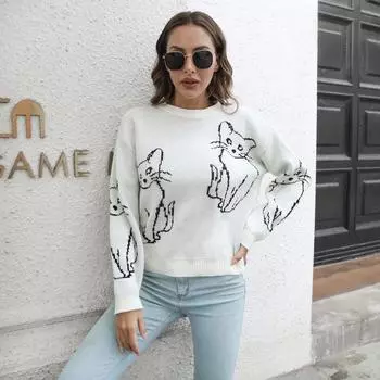 Жаккардовый свитер Cat, женский свободный трикотаж с длинным рукавом на осень и зиму S армия зеленый