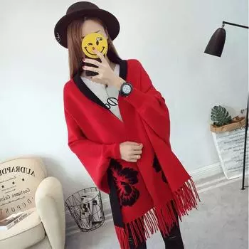 Жаккардовый свитер-кардиган двусторонней вязки осенне-зимний, накидка с рукавом и кисточкой, шалевой кардиган, свитер-пончо One Size чёрный