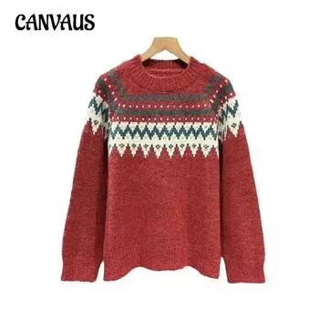 Жаккардовый свитер-пуловер с рождественской атмосферой Sense, женский осенне-зимний свободный мягкий трикотажный свитер с ленивым ветром One size красный