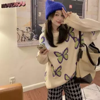 Жаккардовый свитер с бабочками, осень-зима, новый женский свободный пуловер в стиле Харадзюку, верхняя одежда, вязаный свитер, верхнее пальто