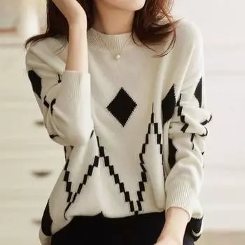 Жаккардовый свитер с ромбовидной лестницей, женский пуловер 2022, новый пуловер с напуском и круглым вырезом, женский свитер с длинными рукавами One Size чёрный
