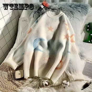 Жаккардовый свитер со звездами и луной, женский свободный вязаный свитер с круглым вырезом и длинными рукавами XXL синий