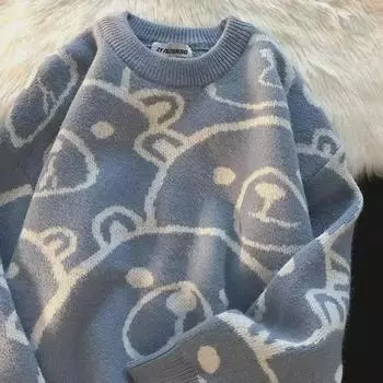 «Жаккардовый свитер в стиле колледжа с рисунком»: Унисекс-свитер с круглым вырезом Lazy Fit для студентов. XL розовый