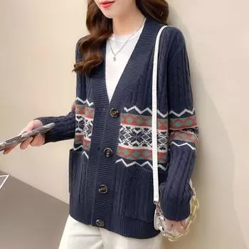 Жаккардовый свитер в стиле ретро, новинка 2021 года, модная осенне-зимняя женская вязаная кардиган с длинными рукавами и v-образным вырезом, универсальная женская блузка