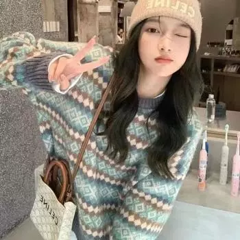 Жаккардовый свитер в стиле ретро, женский ленивый стиль, круглый вырез, толстовка с капюшоном, длинный рукав, женская свободная верхняя одежда S синий