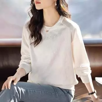 Жаккардовый свитшот с круглым вырезом для женщин, весенний, новый свободный повседневный белый универсальный пуловер с длинными рукавами S белый