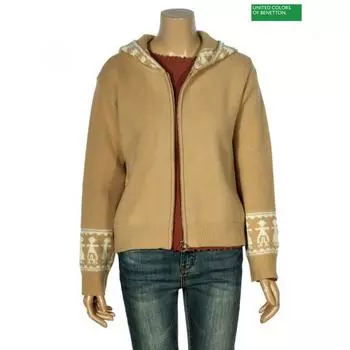 Жаккардовый трикотажный свитер Benetton с капюшоном на молнии Bakc60361 Bg beige/OS