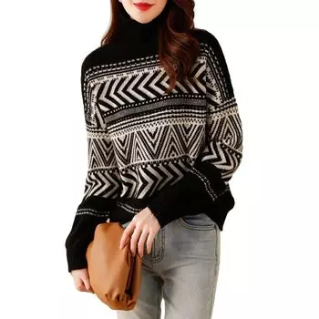 Жаккардовый вязаный свитер с длинными рукавами и узором Fair Isle, теплые пушистые рукава [J.SCOTT] Женский JS35-BK-L чёрный